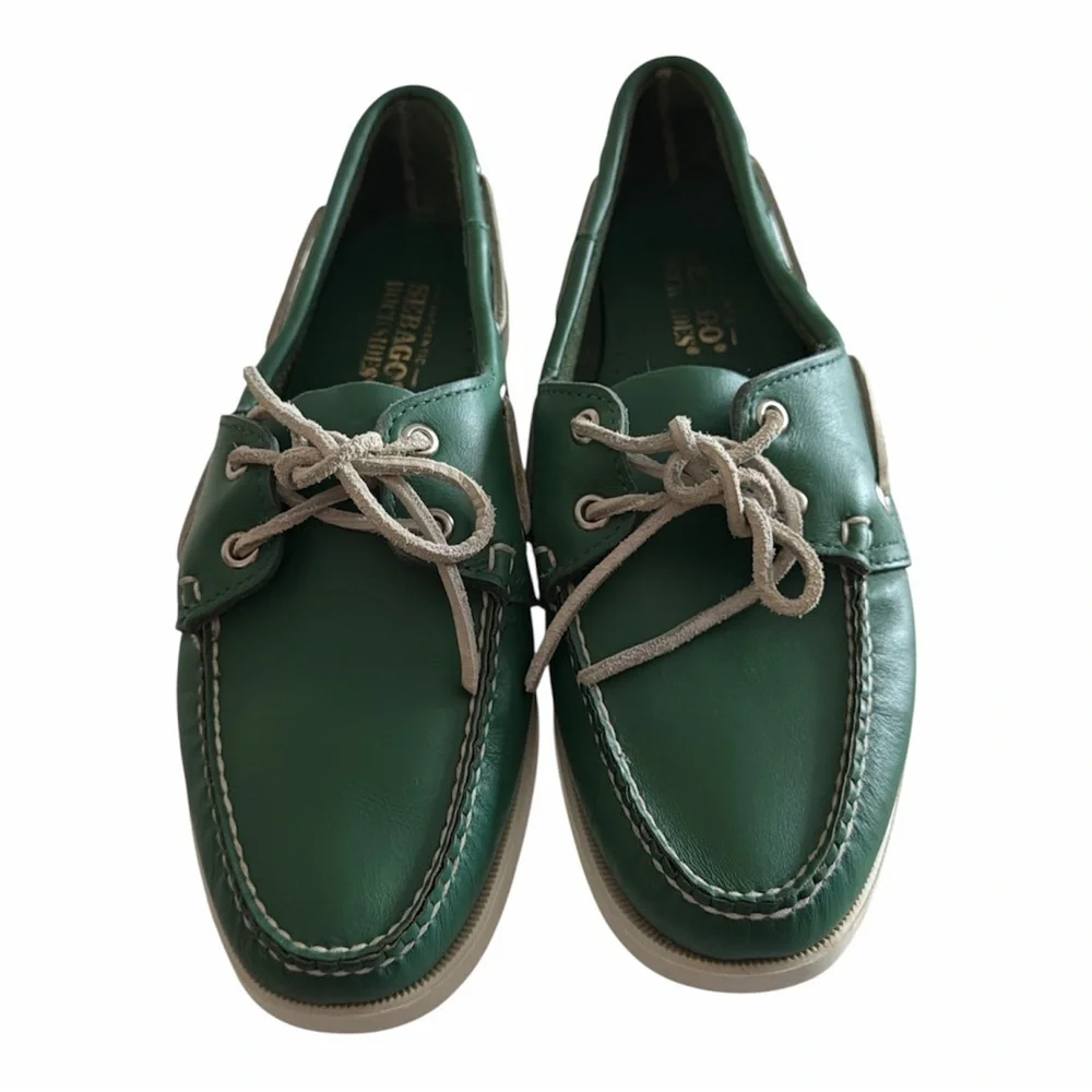 Sebago Green Leather Docksides Portland Loafers with White Laces